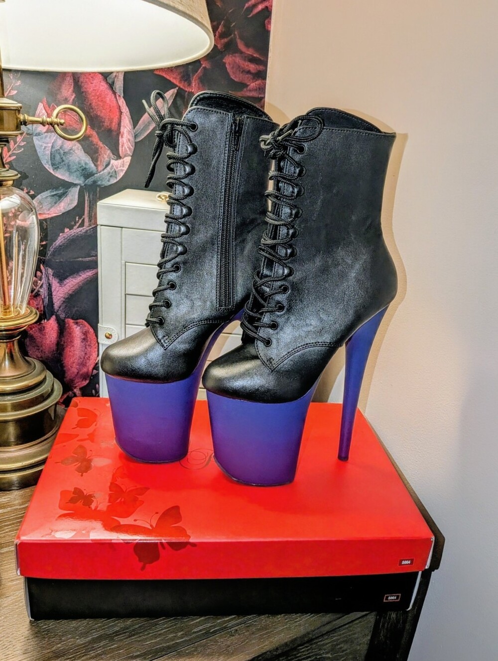 Pleaser Flamingo Black Lace-Up Boots with Blue Purple Ombre Platform